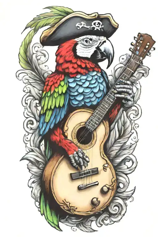 Parrot Pirate Hat Perched On Guitar