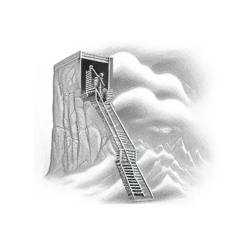 Draw A Half Sleeve Tattoo Of The Man Climbing The Stairway To Heaven To Reach The Pearly Gates