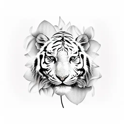 White Tiger And Blossom Magnolias In Bamboo Forest