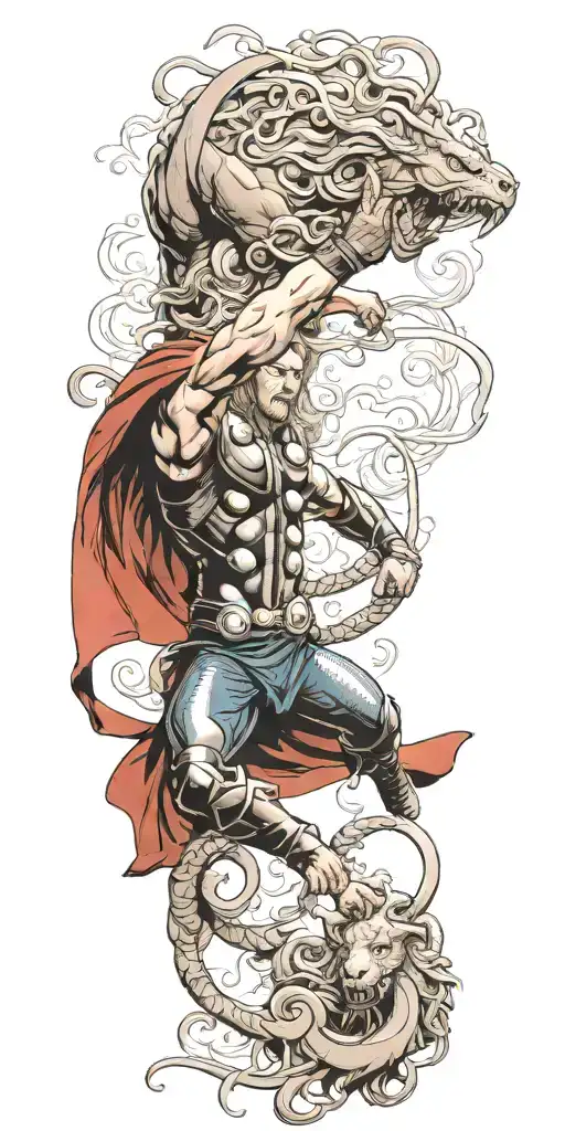 Thor Battling A Fierce Medusa In A Mythical Showdown