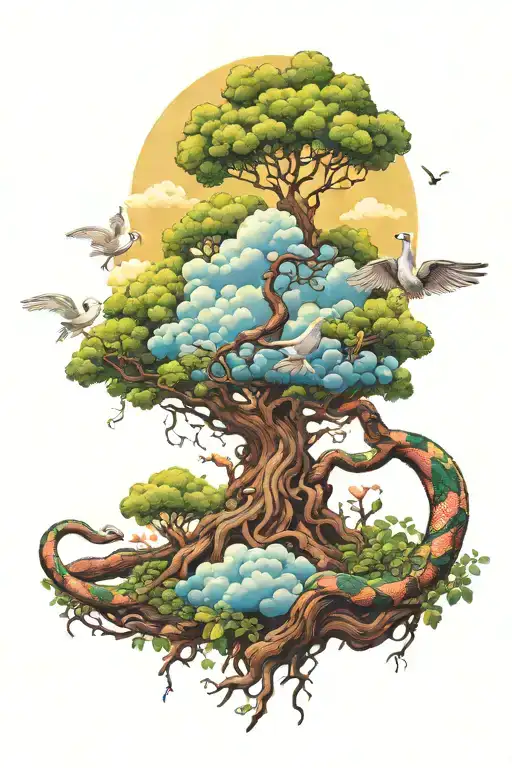 Poison Tree With Clouds Surrounding With Vibrant Snakes And Doves