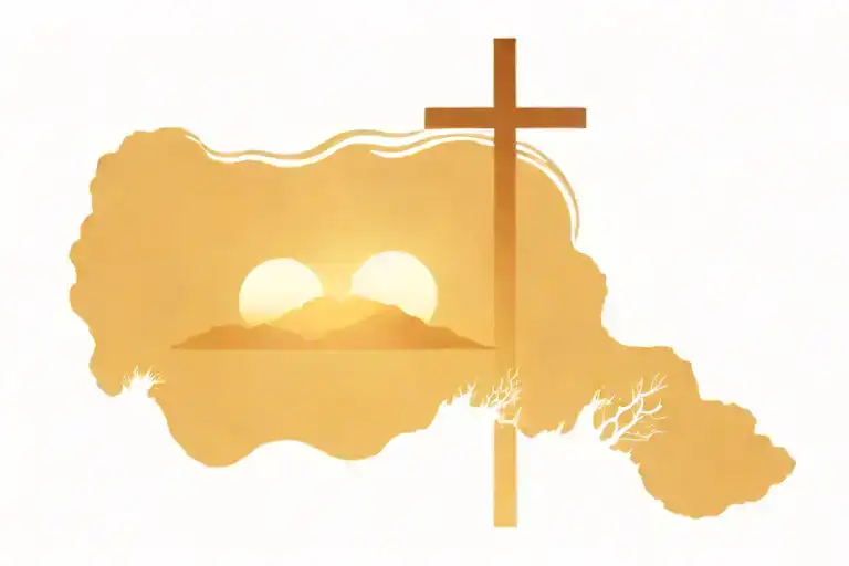 Sunset With Ocean And Mountains With Wooden Cross In Middle