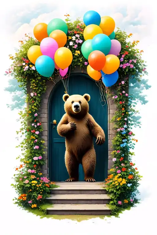 Secret Garden Door With Bear In The Sky Holding Balloons