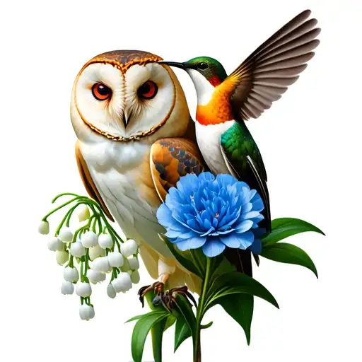 A Barn Owl And A Humming Bird In Front Of A Lily Of The Valley Flower And Blue Carnation