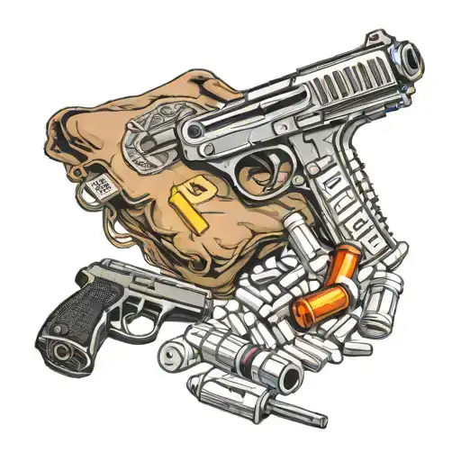 Dog Tags & Semi Automatic Pistol & Bottle Of Pills & Bandages