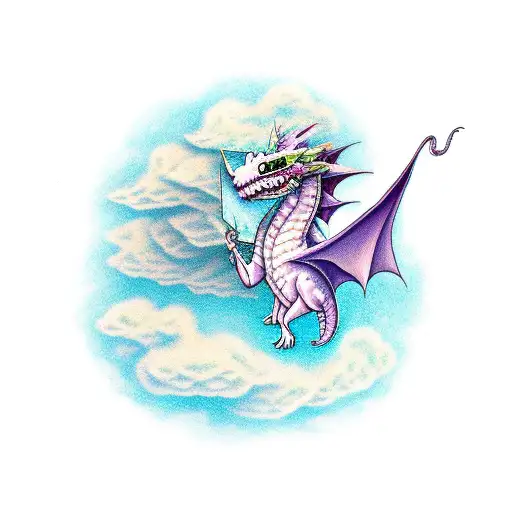 Cute Fantasy Dragon Flying Through A Cloud Of Wildflowers And Books