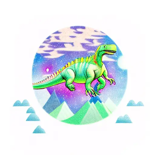 Dinosaur Floating With Mountains And Aurora Borealis In The Background