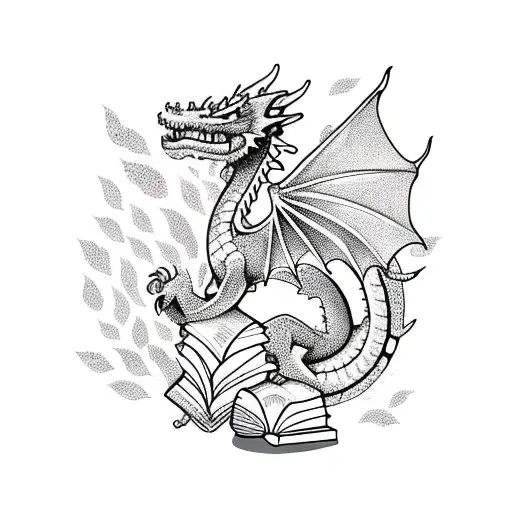 Cute Fantasy Dragon Surrounded By Flowers And Books