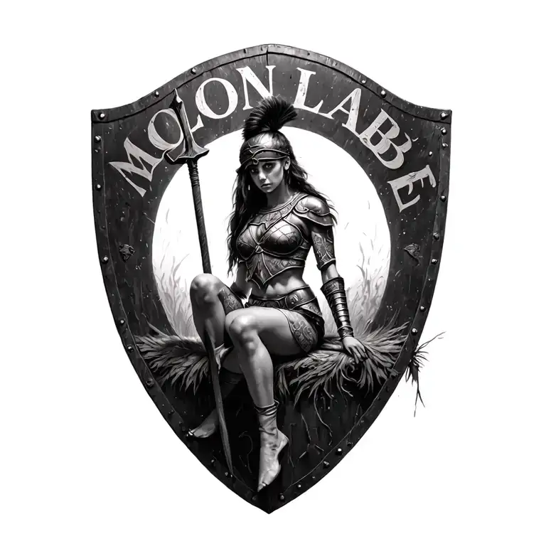 Black And White Spartin Woman Warrior Sitting On A Old Battle Shield Inscribed With Molon Labe