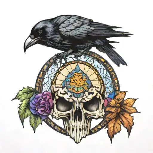 Raven On Skull With Stained Glass Background Black