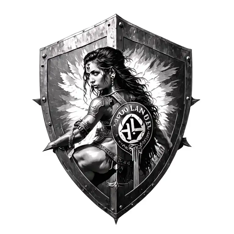 Black And White Spartin Woman Warrior Holding Old Battle Shield Inscribed With Molon Labe