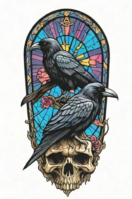 Raven On Skull With Stained Glass Background Black