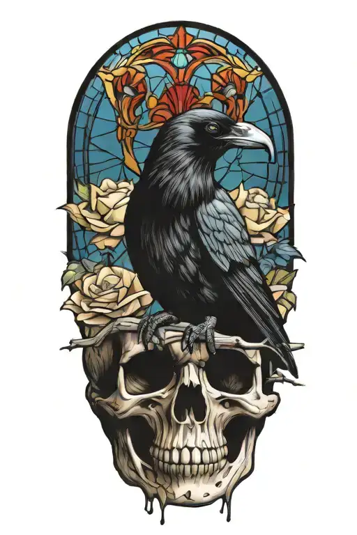 Raven On Skull With Stained Glass