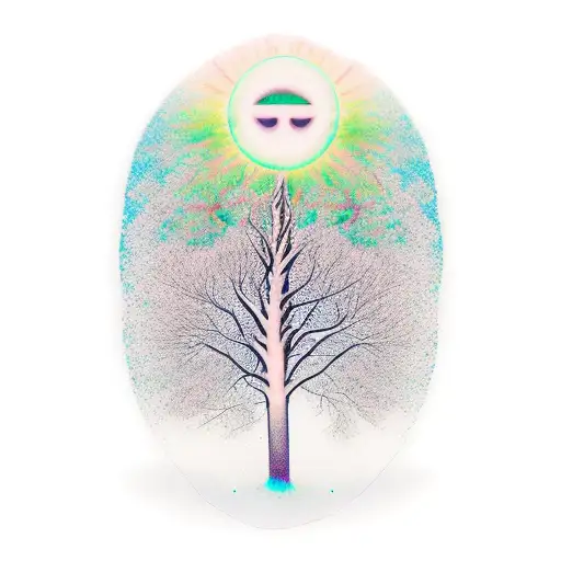 A Minimalist Representation Of A Peaceful Forest Scene With A Brain-shaped Sun