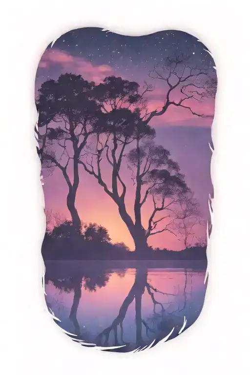 A Dark Silhouette Foreground Of Trees And Water Over A Colorful Sunset Background That Has A Galaxy