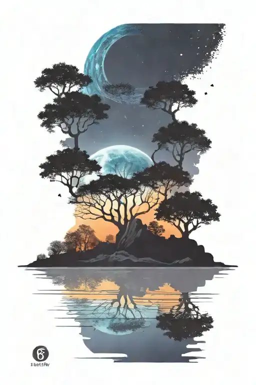 Drak Landscape With Trees And Water Over A Colorful Galaxy Background