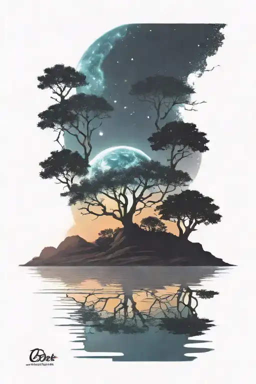 Drak Landscape With Trees And Water Over A Colorful Galaxy Background