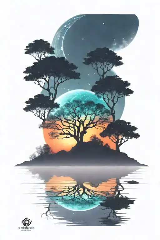 Drak Landscape With Trees And Water Over A Colorful Bright Galaxy Background