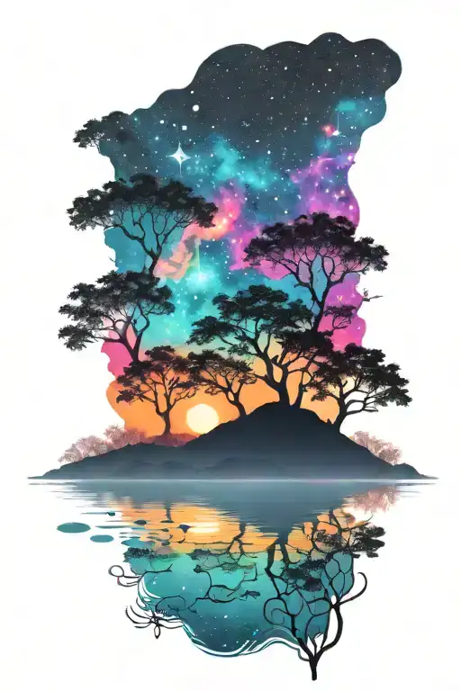 Drak Landscape With Trees And Water Over A Colorful Bright Galaxy Background