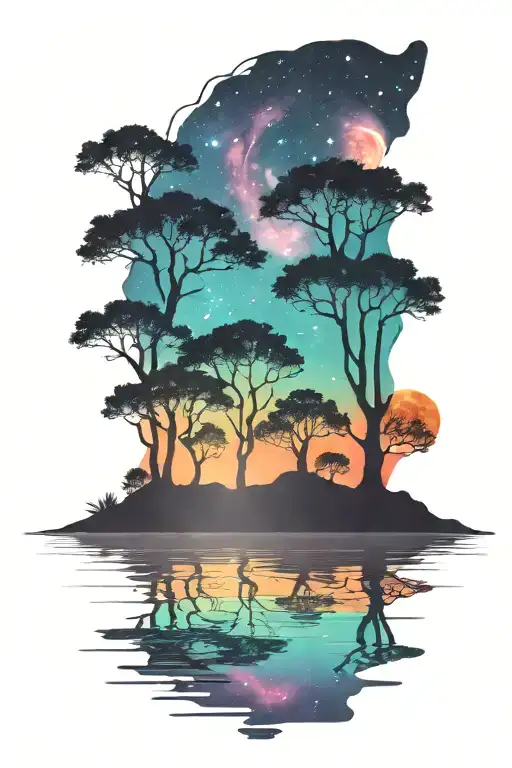 Drak Landscape With Trees And Water Over A Colorful Bright Galaxy Background