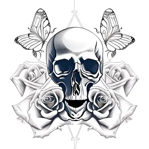 Skull With Rose And Butterfly