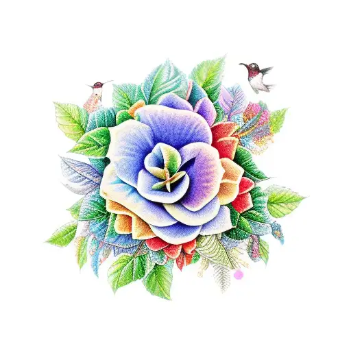 Multi Different Colorful Gardenias With Vines Andhummingbirds That Covers Shoulders And Back
