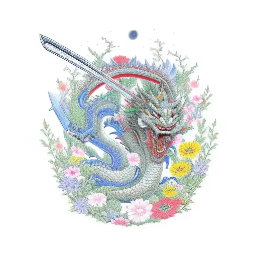 Samurai Standing In A Flower Garden With A Dragon Flaying Behind Him In The Night Sky