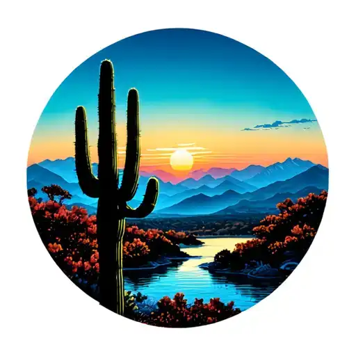 Japanese Sunrise With Mountains And Saguaro Cactus In The Foreground