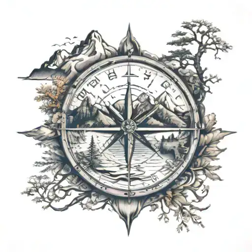 Compass With Mountains And Trees