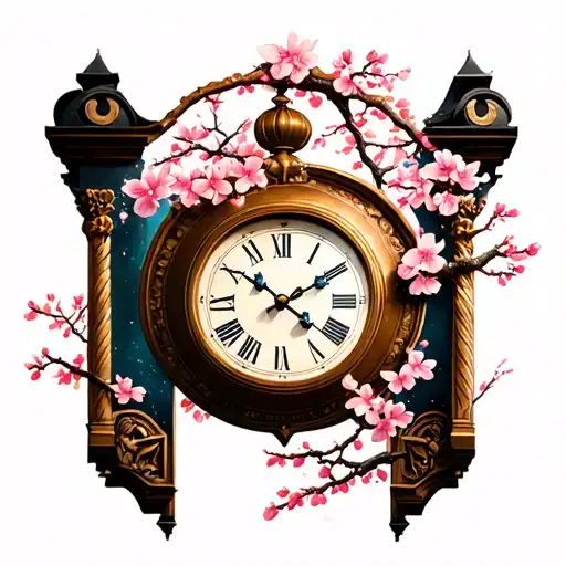 Cherry Blossom Tree And Clock