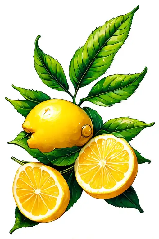 Lemon With One Leaf Cartoon Style