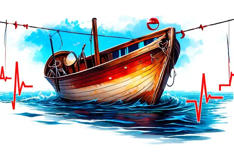 Boat In Water With Stopped Heartbeat On Fishing Line