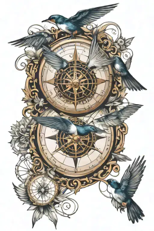 Swallows Flying And Compass Design