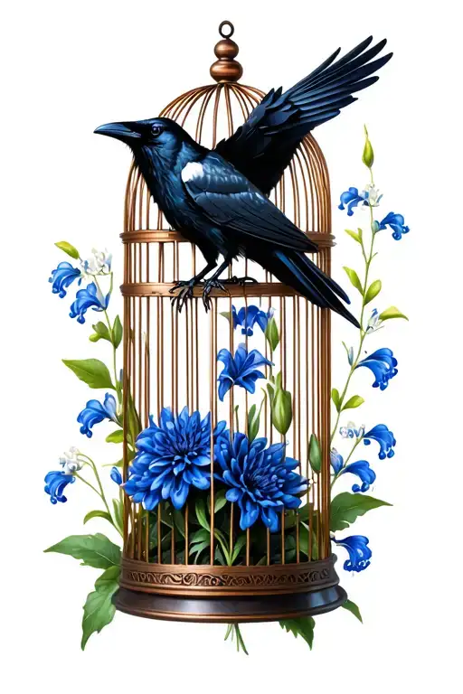 Raven In A Broken Cage With Black Dahlias And Blue Lilies Of The Valley