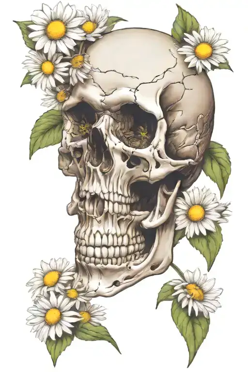 Skull Laying With Daisies Growing