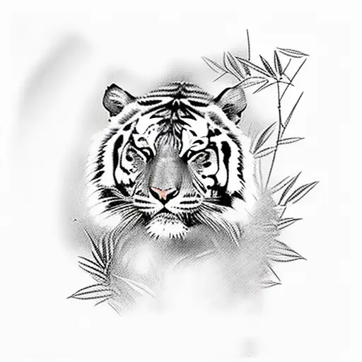 Tiger Walking Through Bushes And Bamboo