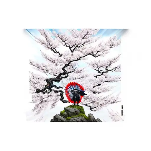 Samurai Against The Backdrop Of Sakura And With A Raven Sitting On A Katana