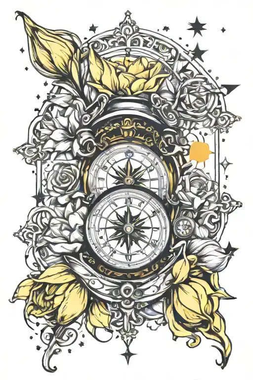 Yellow Tulip Handcuffs A Compass Rose An Hourglass That The Background Is A Shower Of Stars In