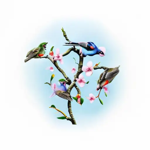 Three Birds Drinking From An Apple Blossom Representing Friendship And Love