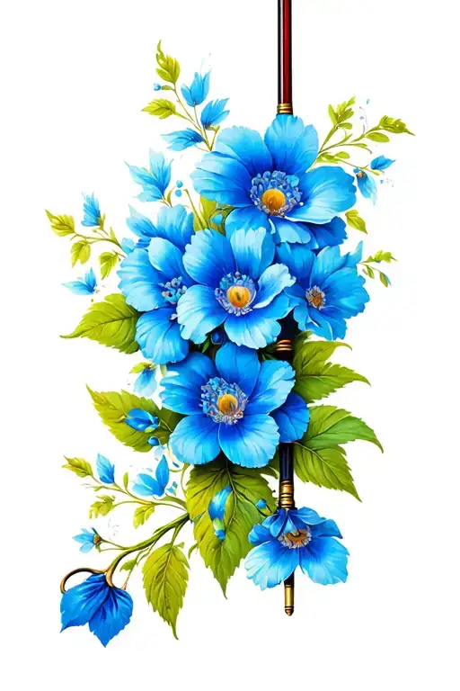 Fishing Pole Art Pencil Blue Flowers Intertwined