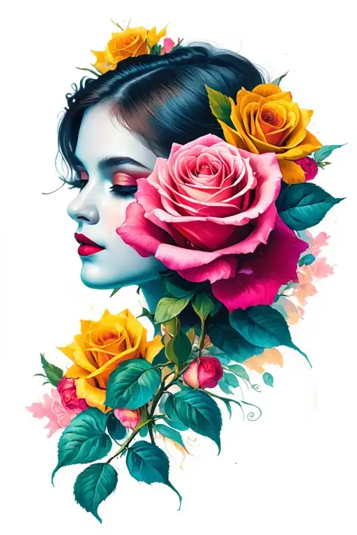 Half Portrait Woman And Surrealism Rose Intertwined