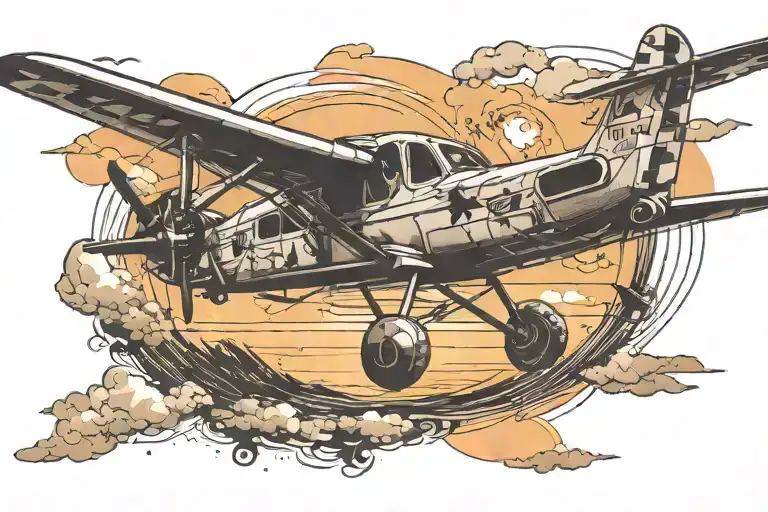 Single Engine Propeller Airplane Flying Into A Sunset