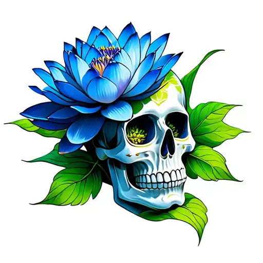 Blue Lotus Flower On Green Multicolored Sugar Skull