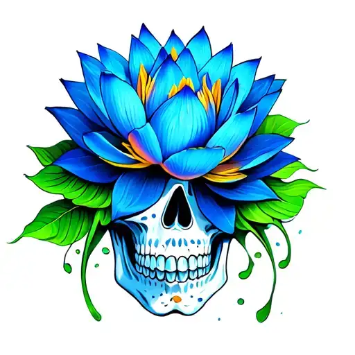 Blue Lotus Flower On Green Multicolored Sugar Skull
