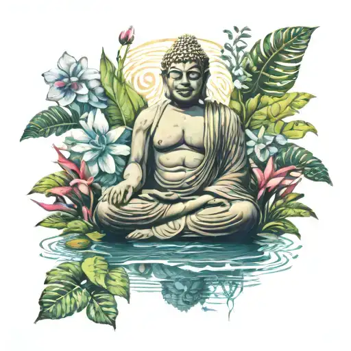 Stone Buddha Sitting In A Body Of Water Surrounded By Native Hawaiian Plants