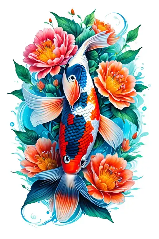 Koi Fish Surrounded By Flowers Blooming