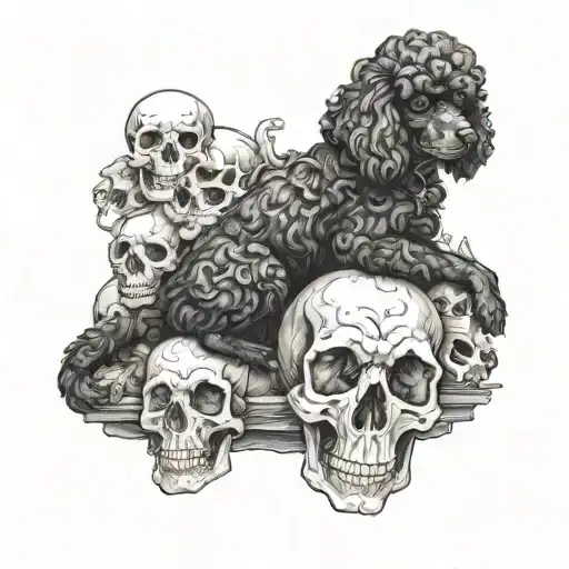 A Small Black Poodle Resting On Skulls