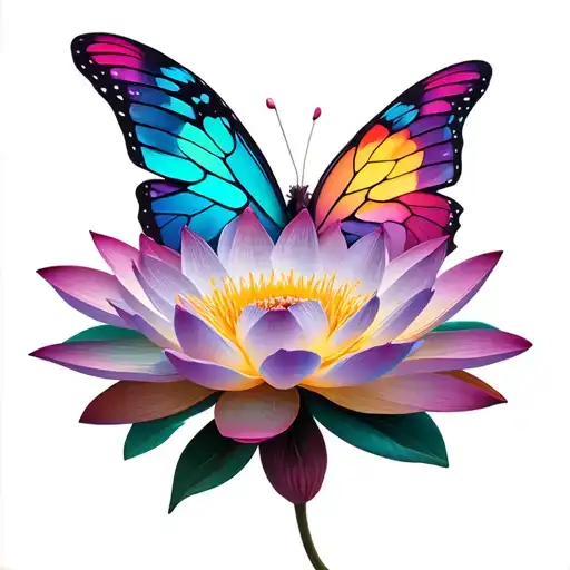 Small Lotus Flower And Pastel Rainbow Butterfly Wings