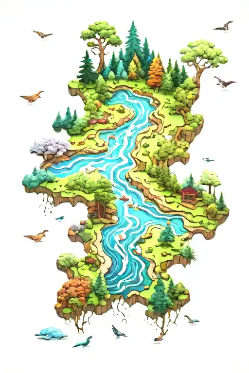 Jigsaw Puzzle Forming A Forest With Stream Splits The Mountain