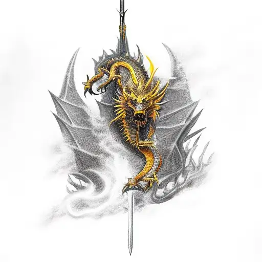 Black And Gold Dragon Getting Killed With A Longsword